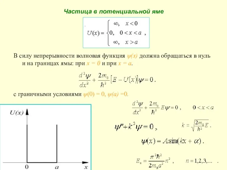 Частица в потенциальной яме В силу непрерывности волновая функция ψ(x) должна обращаться