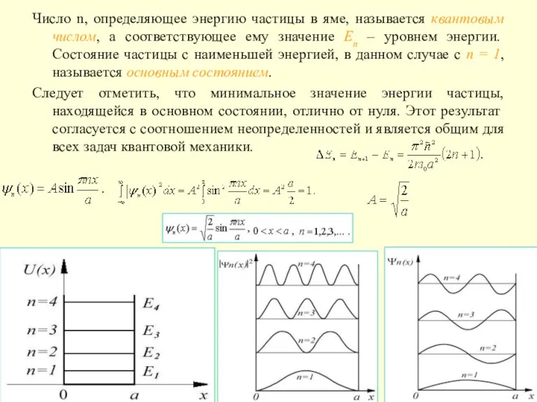 Число n, определяющее энергию частицы в яме, называется квантовым числом, а соответствующее