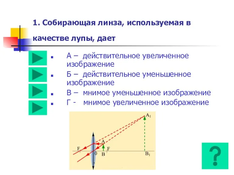 1. Собирающая линза, используемая в качестве лупы, дает А – действительное увеличенное