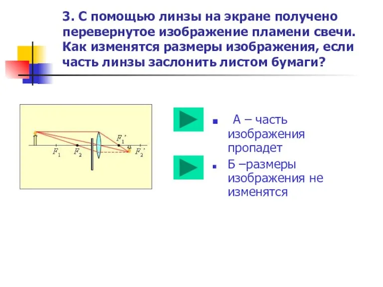 3. С помощью линзы на экране получено перевернутое изображение пламени свечи. Как