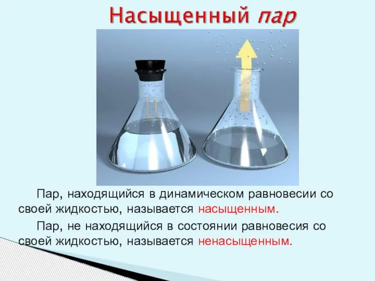 Пар, находящийся в динамическом равновесии со своей жидкостью, называется насыщенным. Пар, не