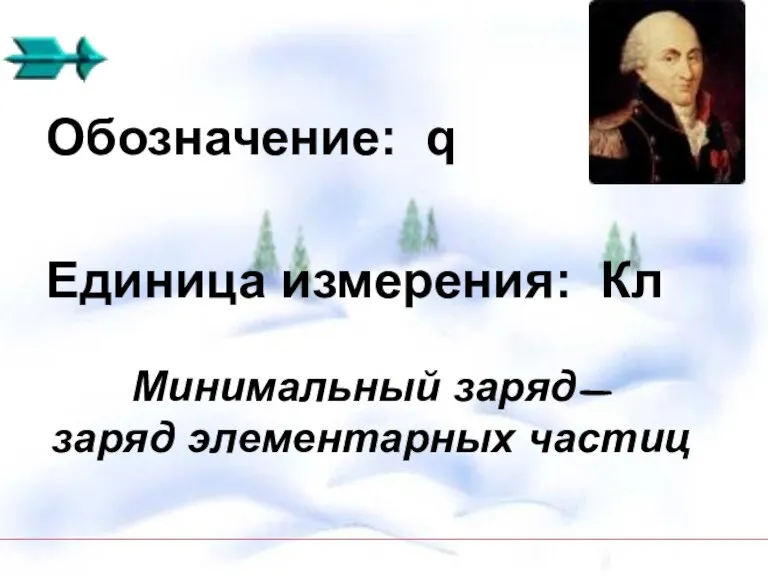 Обозначение: q Единица измерения: Кл Минимальный заряд- заряд элементарных частиц