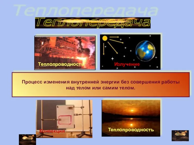 Теплопередача Процесс изменения внутренней энергии без совершения работы над телом или самим