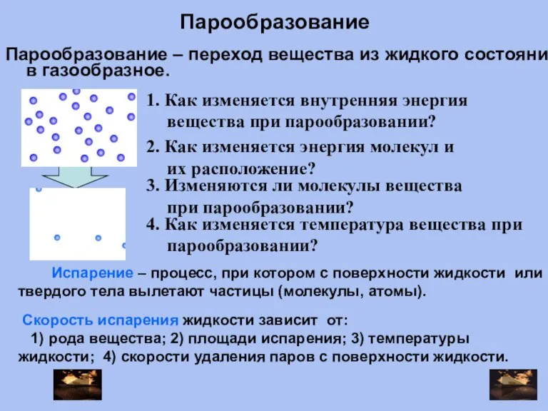 Парообразование – переход вещества из жидкого состояния в газообразное. 2. Как изменяется