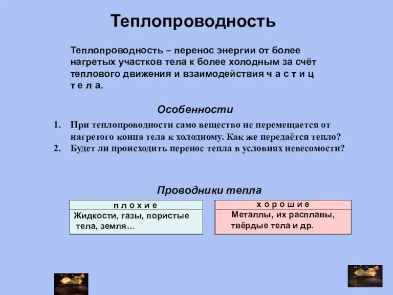 При теплопроводности само вещество не перемещается от нагретого конца тела к холодному.