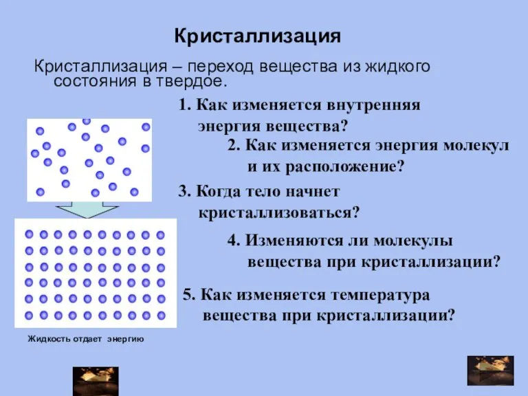 Кристаллизация – переход вещества из жидкого состояния в твердое. Жидкость отдает энергию