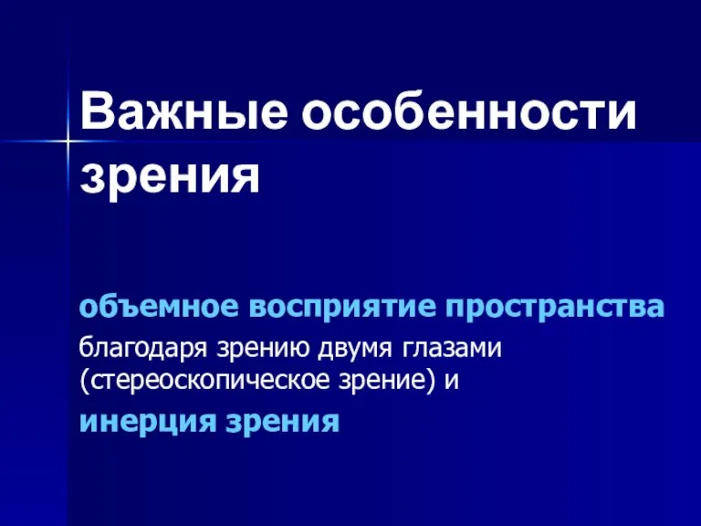 Важные особенности зрения объемное восприятие пространства благодаря зрению двумя глазами (стереоскопическое зрение) и инерция зрения