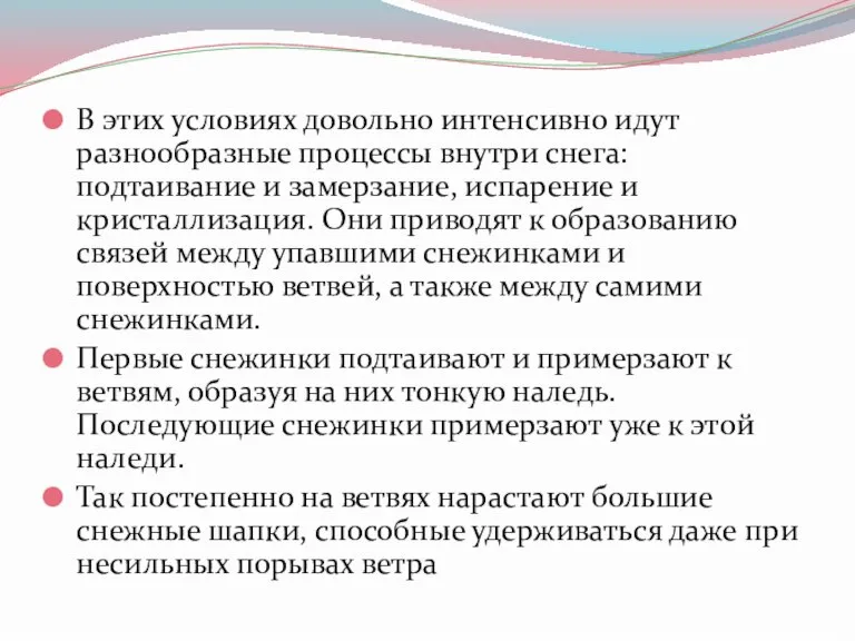 В этих условиях довольно интенсивно идут разнообразные процессы внутри снега: подтаивание и