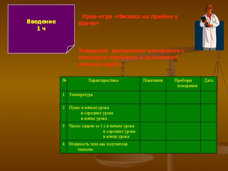 Введение 1 ч Урок-игра «Физика на приёме у врача» Учащиеся выполняют измерения