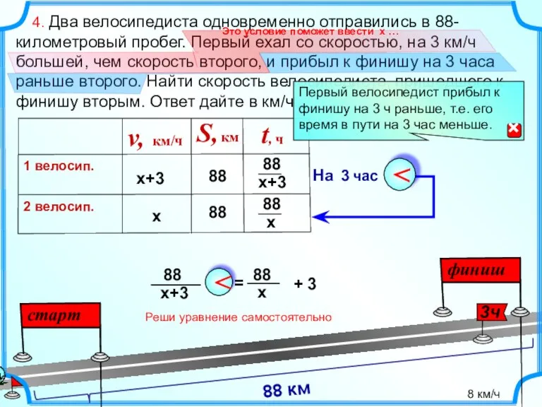 4. Два велосипедиста одновременно отправились в 88-километровый пробег. Первый ехал со скоростью,