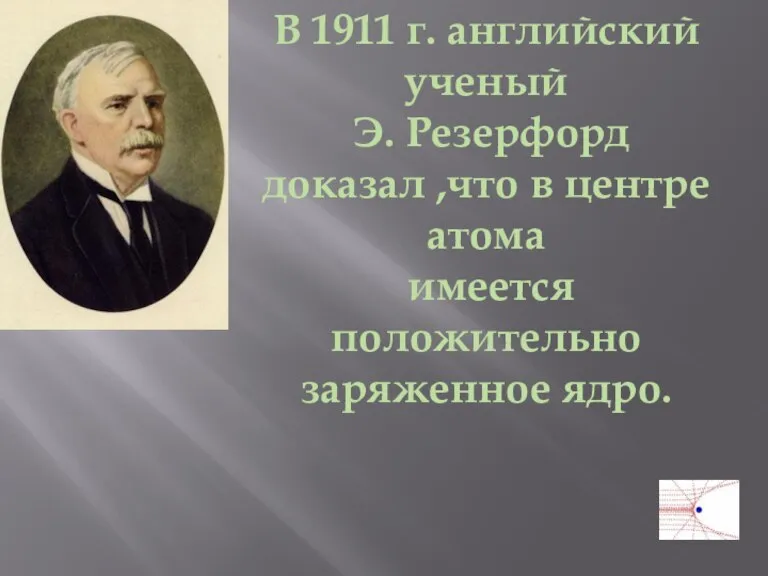 В 1911 г. английский ученый Э. Резерфорд доказал ,что в центре атома имеется положительно заряженное ядро.