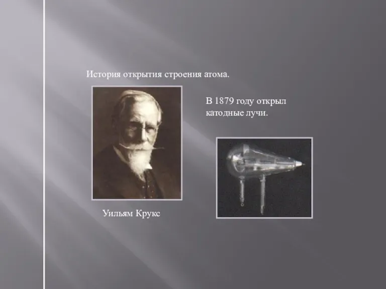 История открытия строения атома. Уильям Крукс В 1879 году открыл катодные лучи.