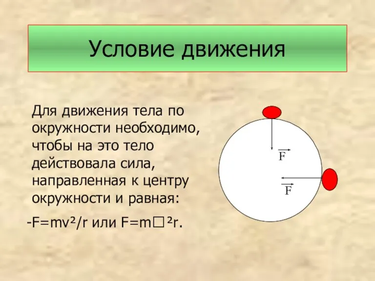 Условие движения Для движения тела по окружности необходимо, чтобы на это тело