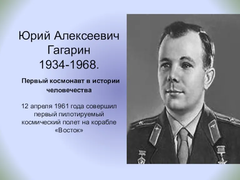 Юрий Алексеевич Гагарин 1934-1968. Первый космонавт в истории человечества 12 апреля 1961