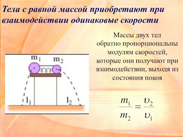 Тела с равной массой приобретают при взаимодействии одинаковые скорости Массы двух тел