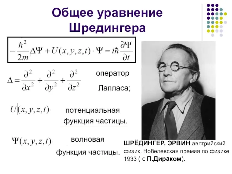 Общее уравнение Шредингера ШРЁДИНГЕР, ЭРВИН австрийский физик. Нобелевская премия по физике 1933 ( с П.Дираком).