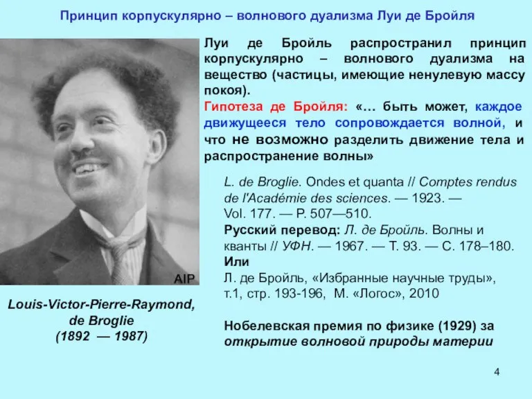 Принцип корпускулярно – волнового дуализма Луи де Бройля Луи де Бройль распространил