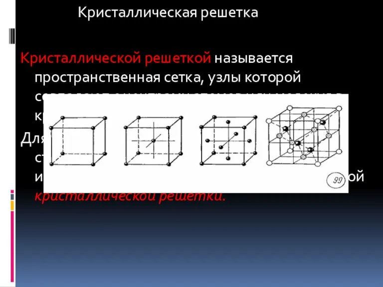 Кристаллическая решетка Кристаллической решеткой называется пространственная сетка, узлы которой совпадают с центрами