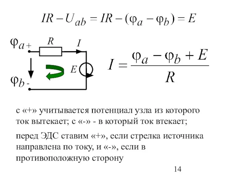 Е R I с «+» учитывается потенциал узла из которого ток вытекает;