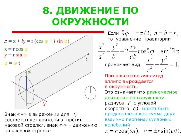 8. ДВИЖЕНИЕ ПО ОКРУЖНОСТИ Если то уравнение траектории Знак «+» в выражении