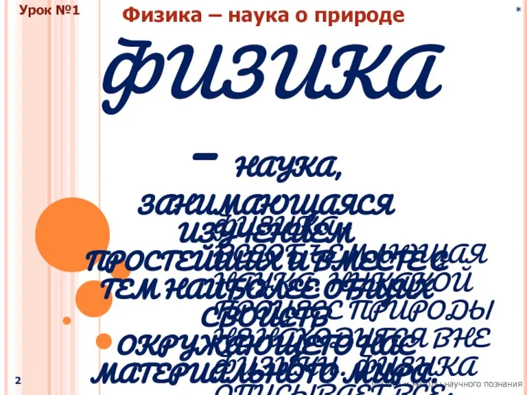 * Физика и методы научного познания Физика – наука о природе Урок