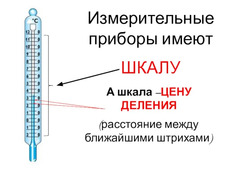 Измерительные приборы имеют ШКАЛУ А шкала –ЦЕНУ ДЕЛЕНИЯ (расстояние между ближайшими штрихами)