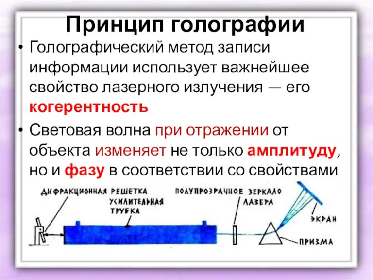 Принцип голографии Голографический метод записи информации использует важнейшее свойство лазерного излучения —