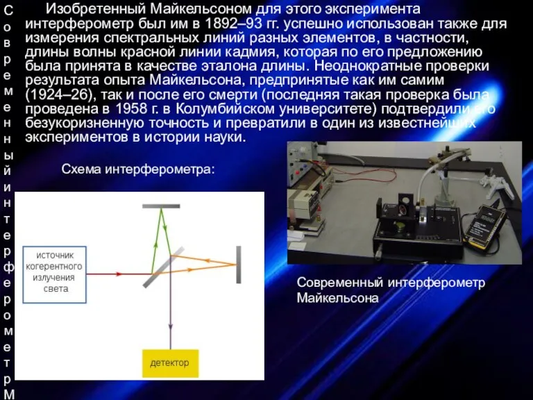 Современный интерферометр Майкельсона Изобретенный Майкельсоном для этого эксперимента интерферометр был им в