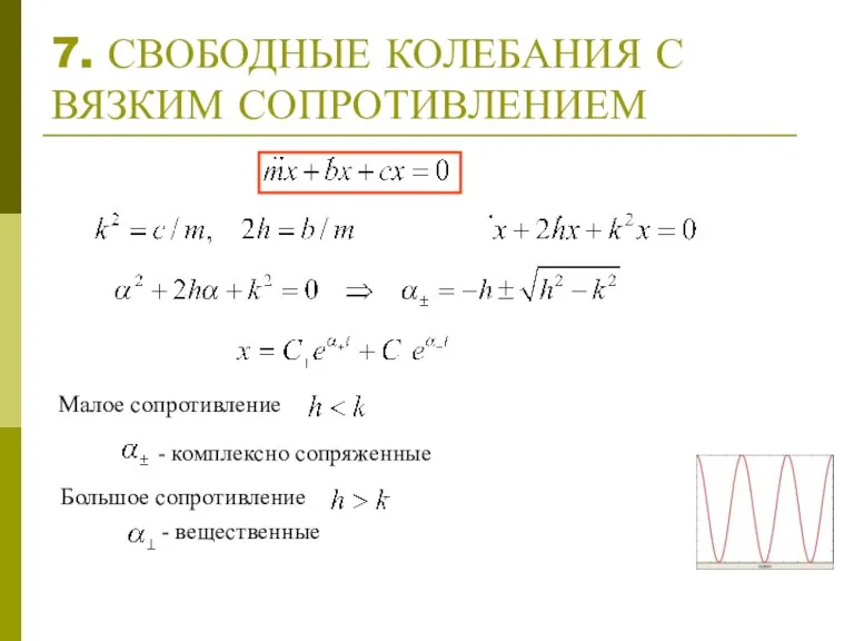 7. СВОБОДНЫЕ КОЛЕБАНИЯ С ВЯЗКИМ СОПРОТИВЛЕНИЕМ Малое сопротивление - комплексно сопряженные Большое сопротивление - вещественные