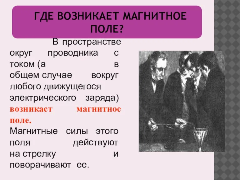 ГДЕ ВОЗНИКАЕТ МАГНИТНОЕ ПОЛЕ? В пространстве округ проводника с током (а в