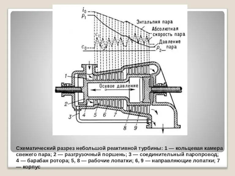 Схематический разрез небольшой реактивной турбины: 1 — кольцевая камера свежего пара; 2