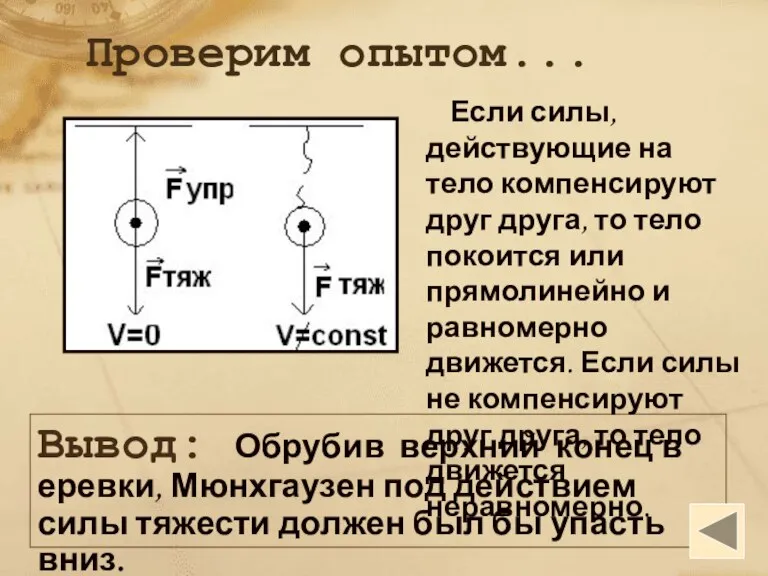 Вывод: Обрубив верхний конец в еревки, Мюнхгаузен под действием силы тяжести должен