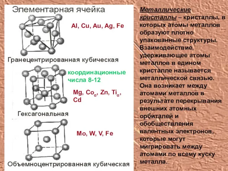 Металлические кристаллы – кристаллы, в которых атомы металлов образуют плотно упакованные структуры.