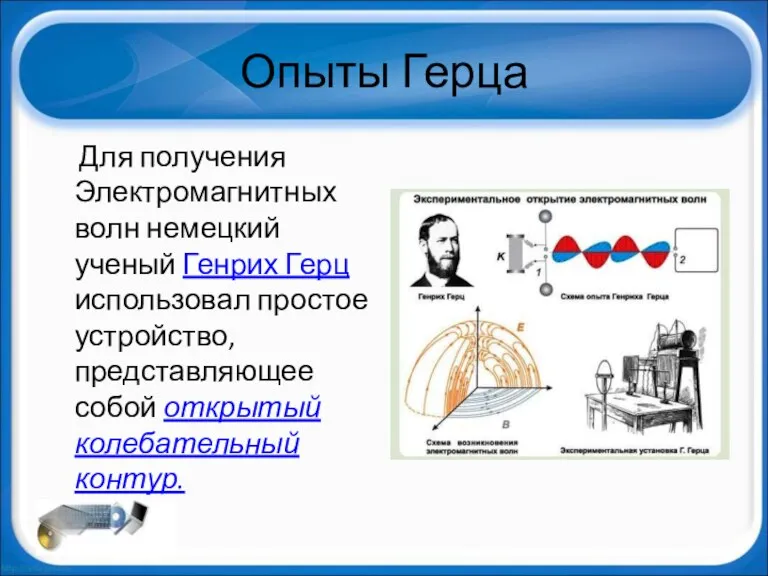 Опыты Герца Для получения Электромагнитных волн немецкий ученый Генрих Герц использовал простое