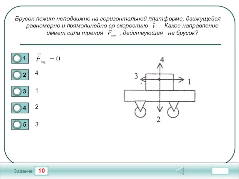 10 Задание Брусок лежит неподвижно на горизонтальной платформе, движущейся равномерно и прямолинейно