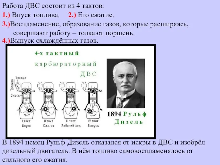 В 1894 немец Рульф Дизель отказался от искры в ДВС и изобрёл