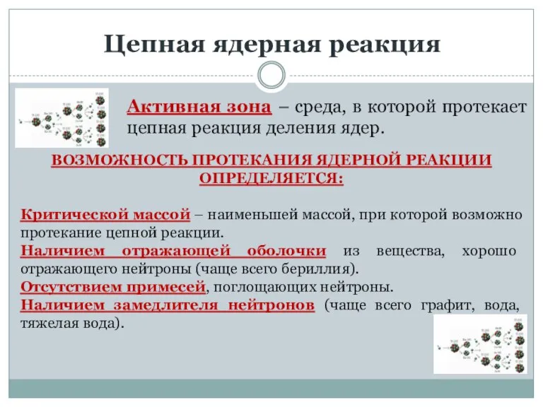 Цепная ядерная реакция Активная зона – среда, в которой протекает цепная реакция