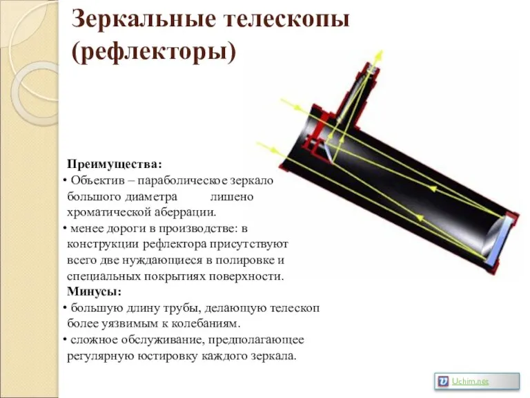 Зеркальные телескопы (рефлекторы) Преимущества: Объектив – параболическое зеркало большого диаметра лишено хроматической