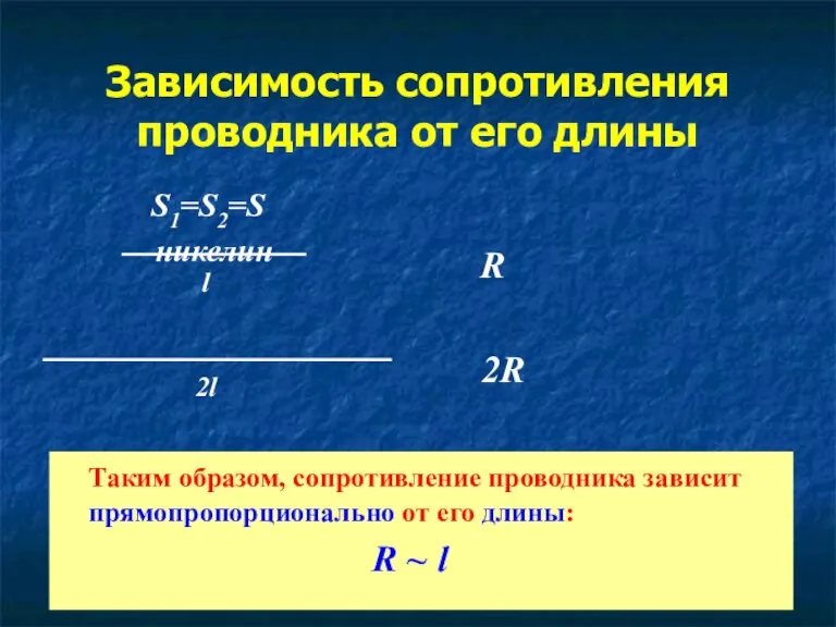 Зависимость сопротивления проводника от его длины S1=S2=S никелин Таким образом, сопротивление проводника