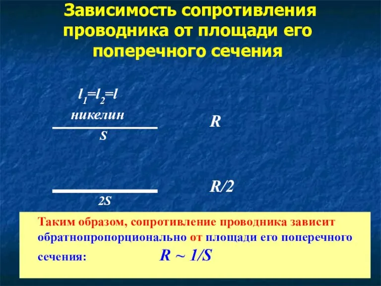 Зависимость сопротивления проводника от площади его поперечного сечения l1=l2=l никелин Таким образом,