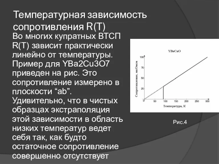 Температурная зависимость сопротивления R(T) Во многих купратных ВТСП R(T) зависит практически линейно