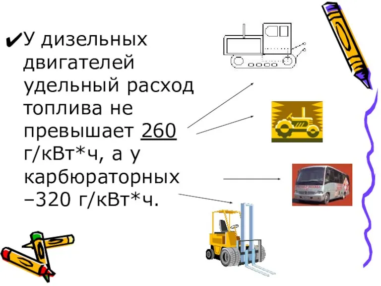 У дизельных двигателей удельный расход топлива не превышает 260 г/кВт*ч, а у карбюраторных –320 г/кВт*ч.