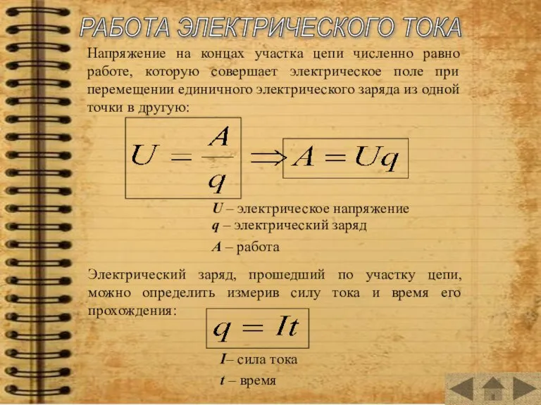 РАБОТА ЭЛЕКТРИЧЕСКОГО ТОКА Напряжение на концах участка цепи численно равно работе, которую