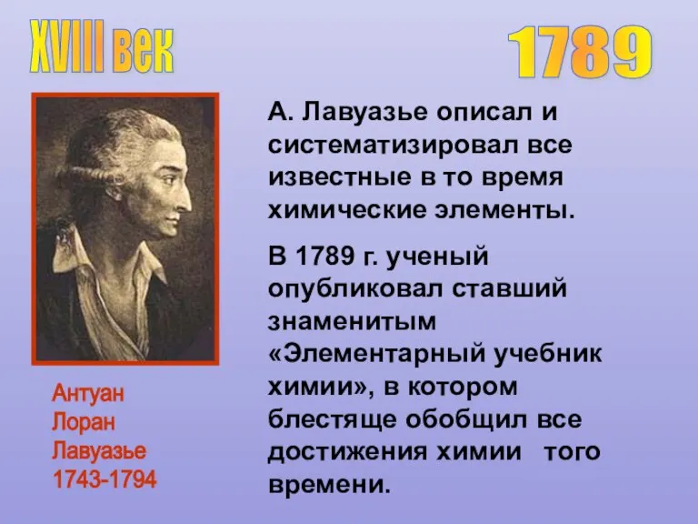 Антуан Лоран Лавуазье 1743-1794 XVIII век А. Лавуазье описал и систематизировал все