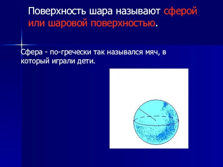 Поверхность шара называют сферой или шаровой поверхностью. Сфера - по-гречески так назывался