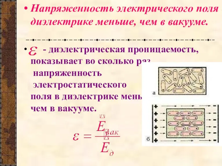 Напряженность электрического поля в диэлектрике меньше, чем в вакууме. - диэлектрическая проницаемость,