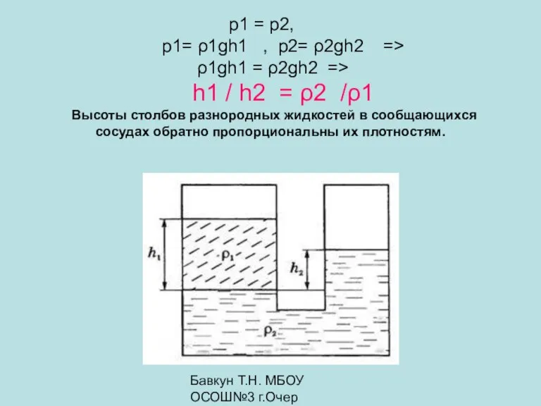 Бавкун Т.Н. МБОУ ОСОШ№3 г.Очер р1 = р2, р1= ρ1gh1 , р2=