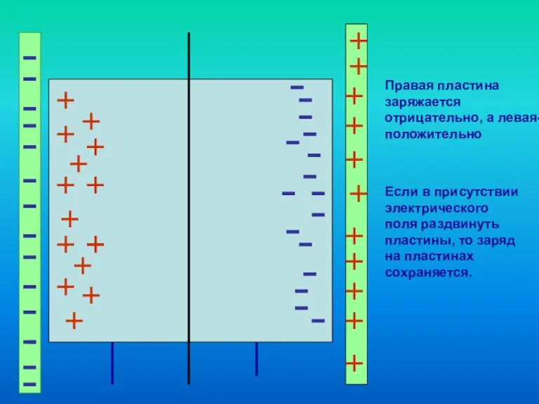 Правая пластина заряжается отрицательно, а левая- положительно Если в присутствии электрического поля