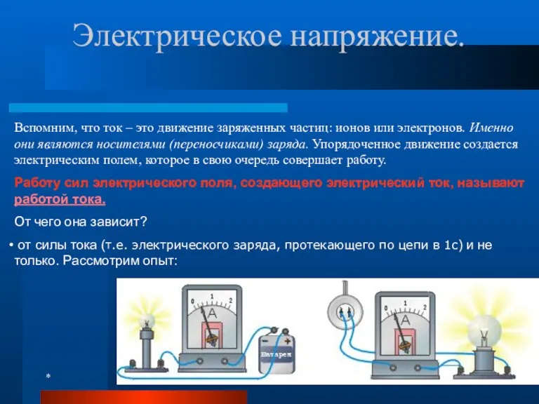 * 8 класс Электрическое напряжение. Вспомним, что ток – это движение заряженных