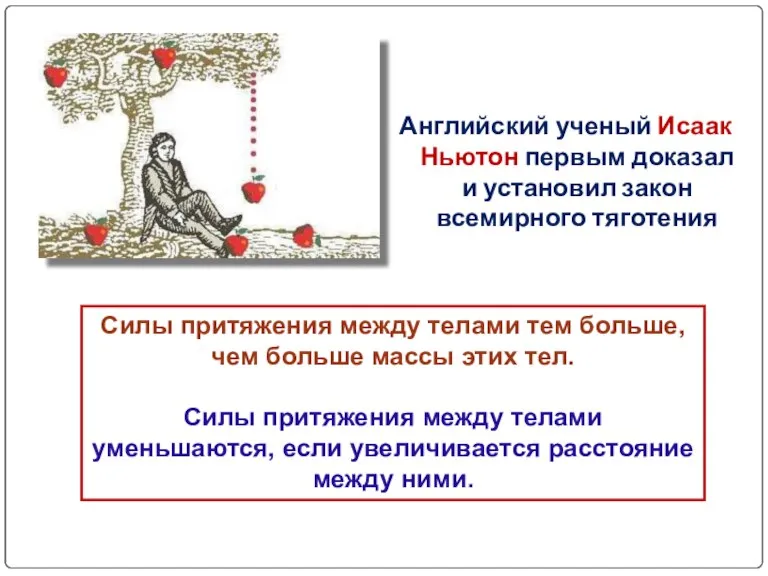 Английский ученый Исаак Ньютон первым доказал и установил закон всемирного тяготения Силы